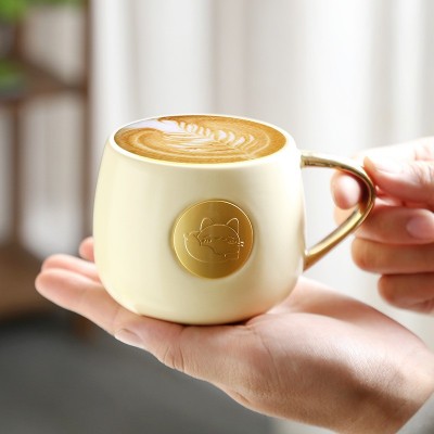 可爱卡通风格陶瓷杯猫咪马克杯奶黄色水杯咖啡杯厂家批发可定LOGO  2个起批图4