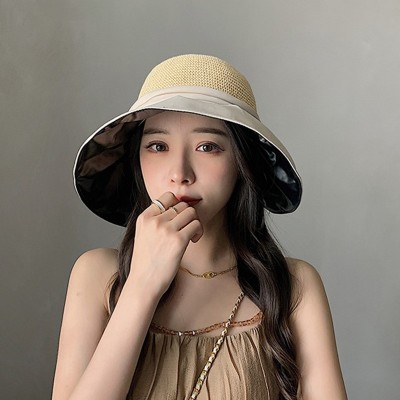 草帽女夏季防紫外线黑胶后开叉马尾沙滩遮阳防晒太阳帽渔夫帽批发  2顶起批图2