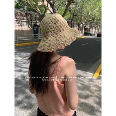 彩虹手工草帽女夏季防晒遮阳帽子透气沙滩海边大檐彩色镂空渔夫帽  2顶起批图5
