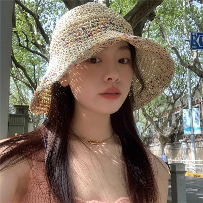 彩虹手工草帽女夏季防晒遮阳帽子透气沙滩海边大檐彩色镂空渔夫帽  2顶起批图4
