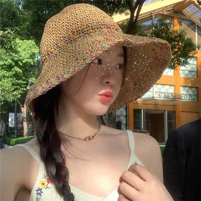 彩虹手工草帽女夏季防晒遮阳帽子透气沙滩海边大檐彩色镂空渔夫帽  2顶起批图2