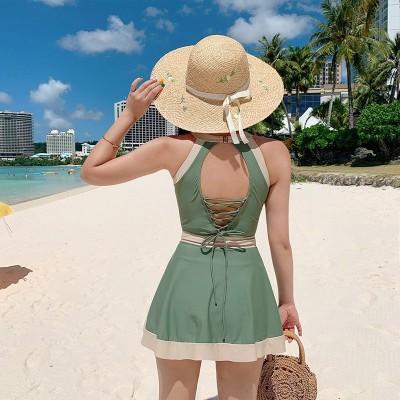 源头工厂新款连体裙式连体泳衣女 日韩小清新露背保守显瘦比基尼  2件图2