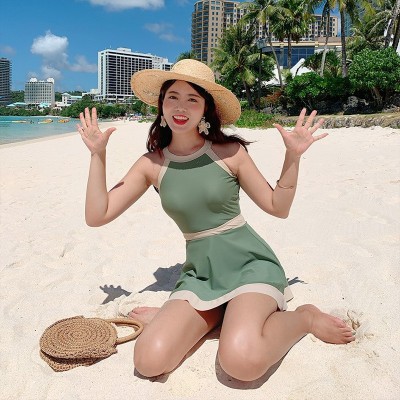 源头工厂新款连体裙式连体泳衣女 日韩小清新露背保守显瘦比基尼  2件图4