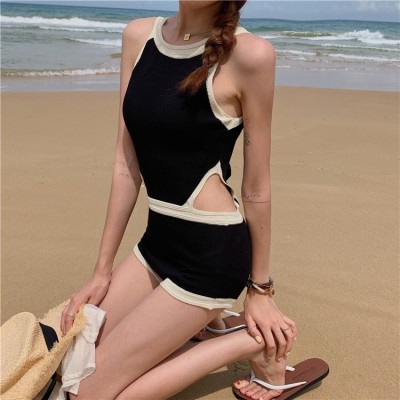 源头工厂2023新款温泉泳装女日韩针织显瘦小胸露背蝴蝶结泳衣女  2件图2