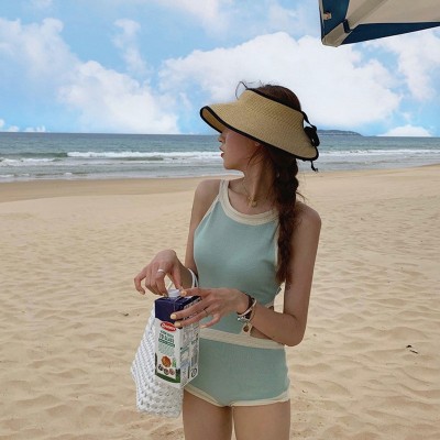 源头工厂2023新款温泉泳装女日韩针织显瘦小胸露背蝴蝶结泳衣女  2件图4