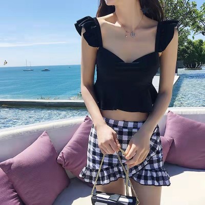 日韩小香风bikini两件套泳衣女性感分体裙式平角小胸聚拢温泉泳装  2套图2