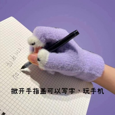 原创新款时尚针织保暧触屏全指露指秋冬季提花玩游戏学生作业手套  2双图5