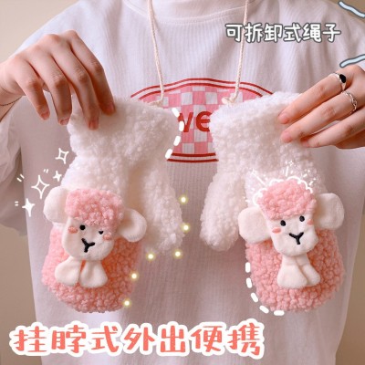 ins可爱毛绒手套卡通加厚棉手套女冬挂脖子户外保暖骑车全指手套  2双图3
