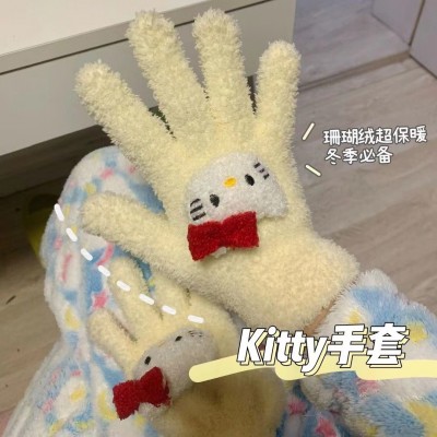 小红书同款哈喽kitty冬季保暖珊瑚绒糖果色毛绒五指学生骑行手套  2双图2