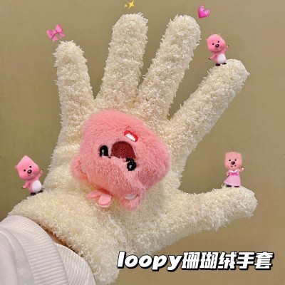 新款可爱小海狸loopy毛绒手套珊瑚绒学生骑行分指手套女冬季保暖  2双图4