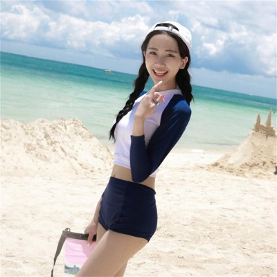 2021款韩版保守分体游泳衣女长袖泡温泉遮肚显瘦三角高腰泳装2套图3
