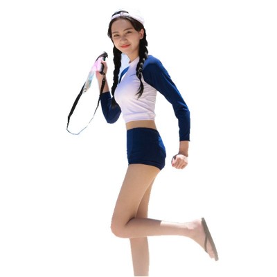 2021款韩版保守分体游泳衣女长袖泡温泉遮肚显瘦三角高腰泳装2套图5