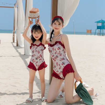 2021新款亲子泳衣母女 连体女童洋气甜美可爱温泉沙滩度假游泳装2件图2