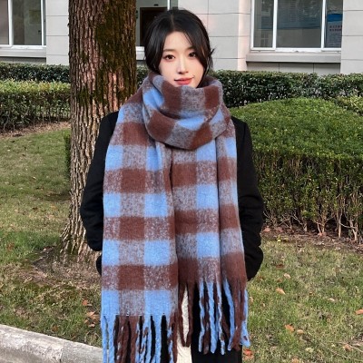 韩系新品百搭格子ZA学生披肩两用针织秋冬加厚围巾女保暖围脖批发  2条图2
